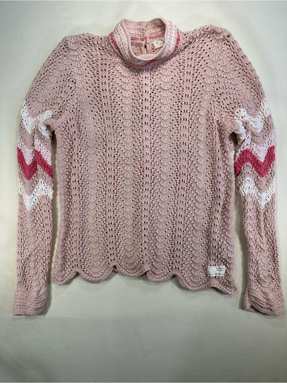 Odd Molly Soul Stripes Pointelle Cotton Knit Crochet Sweater Pink Size 2 M EUC